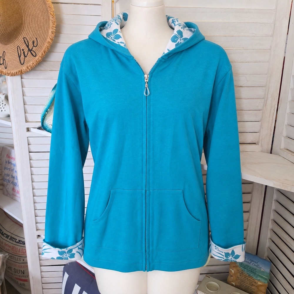 Euro Joy Women Large Turquoise Blue Zip Up Hoodie Tropical Floral Cuffs Hood